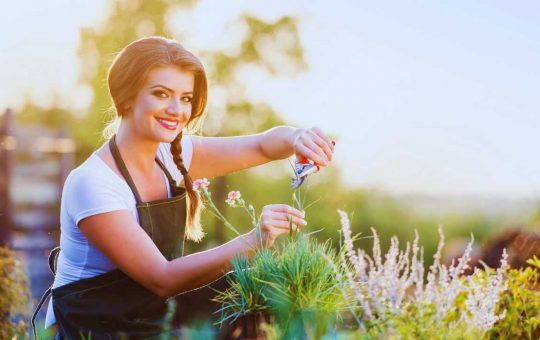Donna sorridente si prende cura del giardino