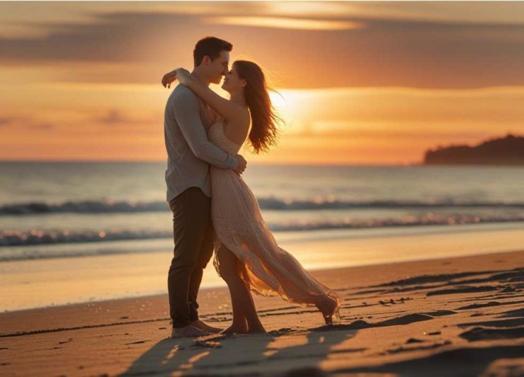 Coppia in spiaggia al tramonto